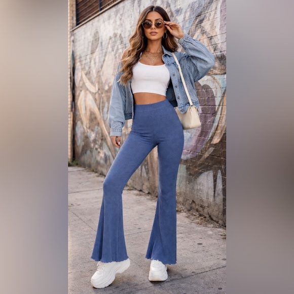 aerie Pants - Aerie Blue Kick-It Ribbed High Waisted Super Flare Pull On Pants Small Petite